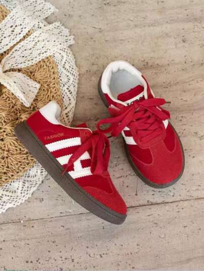 1 Pair Fashionable Girls' Sports Shoes 2026 Spring/Autumn New Arrival Kids Red German Trainer Shoes Mid-To-Large Children Casual Unisex Skate Shoes