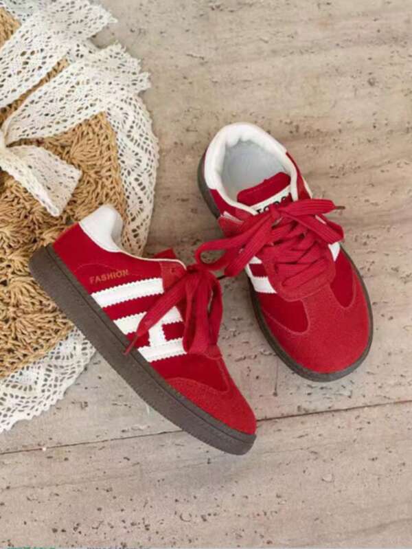1 Pair Fashionable Girls' Sports Shoes 2026 Spring/Autumn New Arrival Kids Red German Trainer Shoes Mid-To-Large Children Casual Unisex Skate Shoes