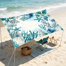 1pc Ocean Starfish Coral Print Outdoor Sunshade Canopy, Lightweight Breathable Waterproof Camping Tarp, Includes Ropes And Ground Stakes, UV Protection Windproof Sun Shelter, Suitable For Beach, Garden, Patio, Picnic, Yard - Baby Blue - View 10