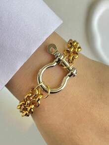 1pc Gold & Silver Horseshoe Buckle Bracelet, Full Rhinestone Horseshoe Buckle Double Chain Design, Unique & Luxurious, Stainless Steel Material, Suitable For Women's Daily Work Decoration - Multicolor - View 8