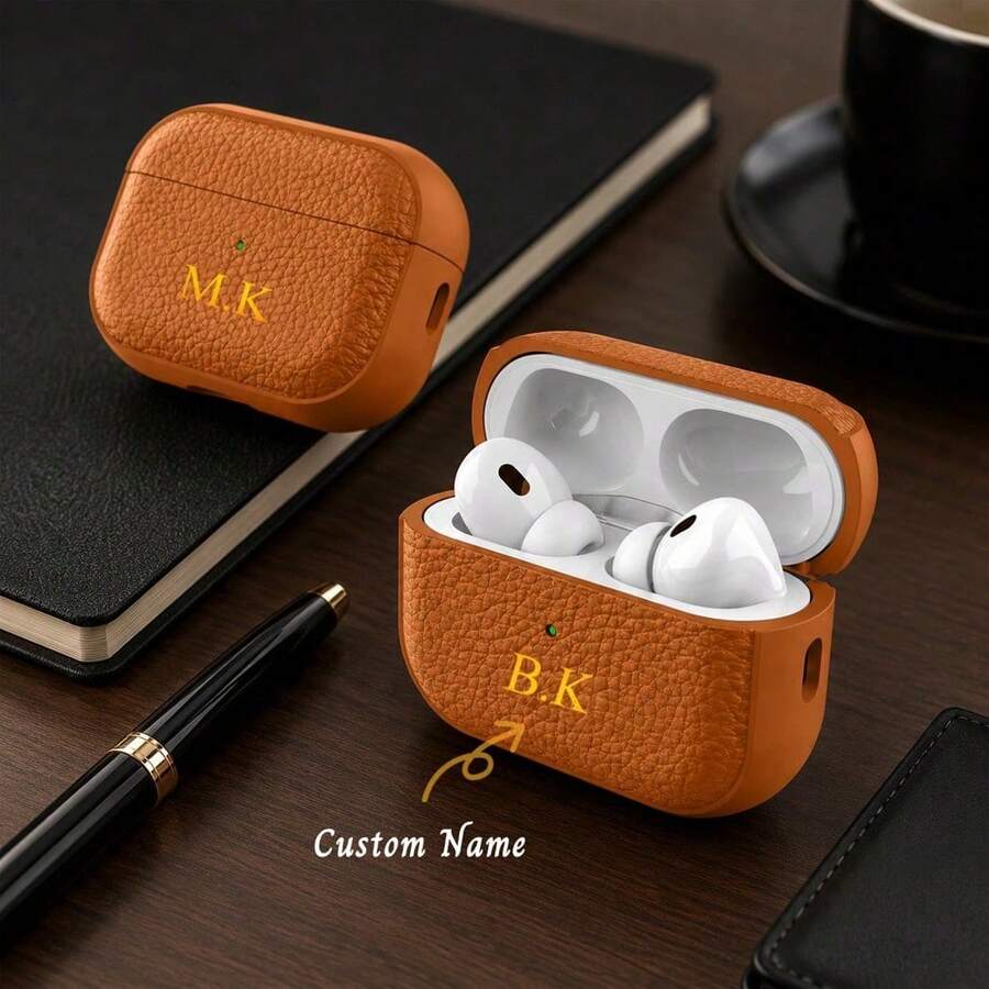 Customizable Name Letter Earphone Protective Case, Compatible With 1/2/3/4/Pro 2/Pro 3/Pro 4, Litchi Pattern TPU Soft Portable Protective Case With Keychain - Multicolor - View 1