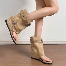 Women's New Punk Style Open Toe Mid-Calf Sandals, Featuring Rivets And Buckle Straps, Unique Design, Built-In Height Increase - Khaki - View 3