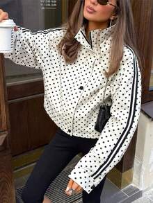 Chaqueta de estilo Hot Girl con ajuste relajado y lunares, cremallera y solapa con botones, cortavientos fino, prenda exterior casual corta de lunares vintage - Blanco - Ver 4
