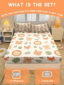 2/3PCS Cartoon Forest Animal Fitted Sheet Set Soft Breathable Bedding For All Seasons Twin/Full/Queen 100% Polyester Machine Washable - Multicolor - View 1