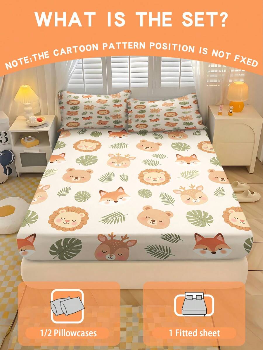 2/3PCS Cartoon Forest Animal Fitted Sheet Set Soft Breathable Bedding For All Seasons Twin/Full/Queen 100% Polyester Machine Washable - Multicolor - View 1