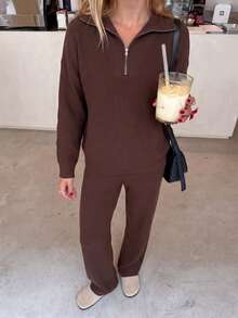 Women's Ribbed Knit Half-Zip Long Sleeve Sweater And Wide Leg Pants Set, Medium Stretch, Suitable For Autumn/Winter - Brown - View 3