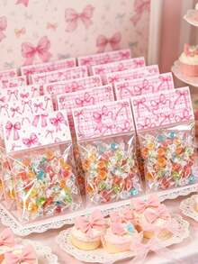 50pcs Pink Bow Transparent Candy Bags, Birthday Party Candy Bags, Wedding Gift Bags, Pink Bow Party Favor Bags, Baby Shower Cookie Bags, Girl 1st Birthday Party Gift Bags, Snack Packaging Bags, Bow Birthday Party Bag Fillers, Transparent Food Packaging Bags, Pink Party Supplies, Gender Reveal Party Table Decor, Bridal Shower Decor, Kitchen Cookie Baking Bags, Pink Bow Decor, Birthday Gifts, Party Favors - Bow Plaid - View 2