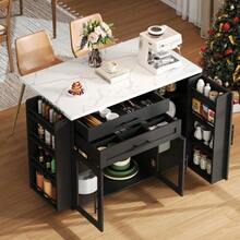 Mobile Kitchen Island With Foldable Worktop, Kitchen Trolley, 5 Wheels, Multiple Storage Options, Spice Rack, Cutlery Drawer, 120 X 45 (70) X 90 Cm - 黑色 - 查看 3