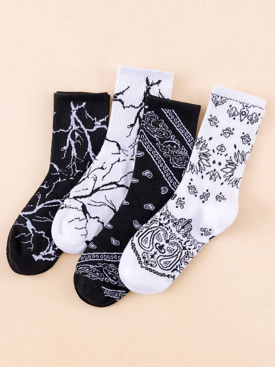 1/5/10 Pairs Black & White Retro Lightning Print Unisex Mid-Calf Socks, American Streetwear Breathable High-Elastic Skateboard Basketball Chunky Sneakers Slouch Socks - Black and White - View 1