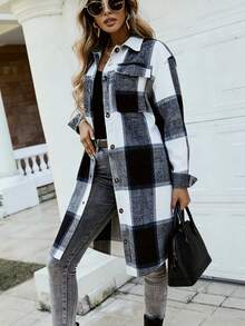 Long Plaid Shacket Women, Collared Button Down Oversized Long Flannel Coat For Women's Vacation, Concert, Birthday Daily Street Casual Outfits - Blue - View 3