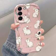 Creative White Rabbit & Flower Pattern Creamy Wavy Asymmetric Edge Protective Phone Case Compatible With Samsung A14/A15/A16/A17/A04/A05/A06/A07/A54/A55/A56/A57/A34/A35/A36/A37/S26/S26Plus/S26Ultra/Transsion SMART7/8/9/10/Honor 400/400Pro/200/200Pro/X7C/X8C/X9C/ 10C/13C - White - View 1