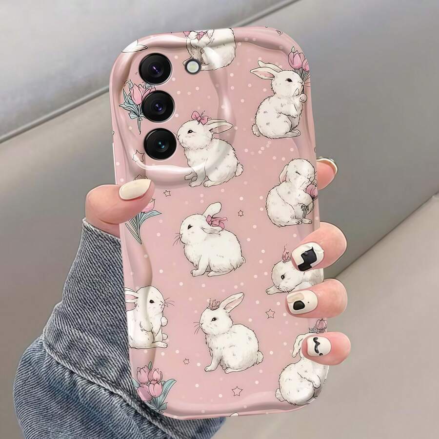 Creative White Rabbit & Flower Pattern Creamy Wavy Asymmetric Edge Protective Phone Case Compatible With Samsung A14/A15/A16/A17/A04/A05/A06/A07/A54/A55/A56/A57/A34/A35/A36/A37/S26/S26Plus/S26Ultra/Transsion SMART7/8/9/10/Honor 400/400Pro/200/200Pro/X7C/X8C/X9C/ 10C/13C - White - View 1