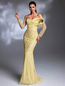Mint Green Diamond Sequin Embroidered Off-Shoulder Twisted Long Sleeve Lace-Up High Slit Puff Seersucker Train Elegant Luxurious Evening Gown Yellow - Yellow - View 5