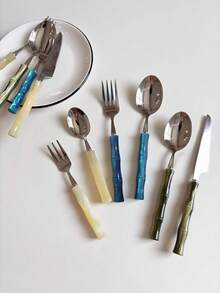 Stainless Steel Acrylic Bamboo Handle Western Style Knife Fork Spoon Dessert Spoon Fruit Fork - Green - View 2