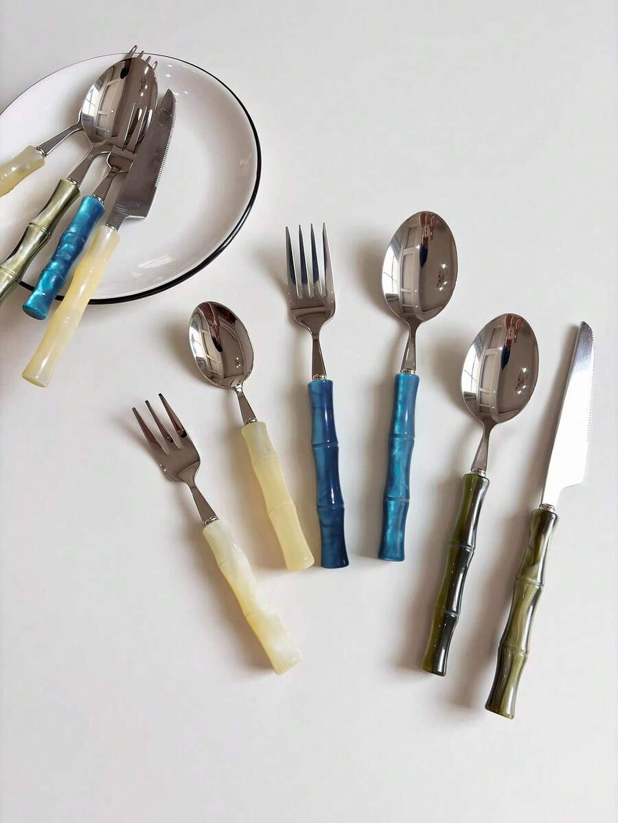 Stainless Steel Acrylic Bamboo Handle Western Style Knife Fork Spoon Dessert Spoon Fruit Fork
