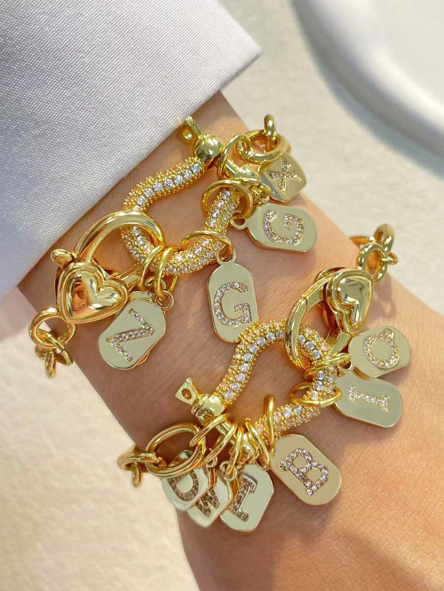 1pc Gold Diamond Horseshoe Buckle Letter Bracelet, A-Z Letter Lock Bracelet, Diamond Letter Double Buckle Chain, Stainless Steel, Unique Luxury Chain - Yellow Gold - View 1