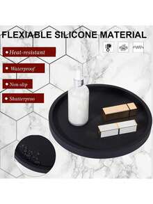 Bandeja de baño de silicona de 3 tamaños, bandeja redonda para tocador, estantería de almacenamiento para encimera de cocina, soporte decorativo para jabón, bandeja decorativa para mesa de café para perfumes, velas, plantas (Negro) - Negro - Ver 7