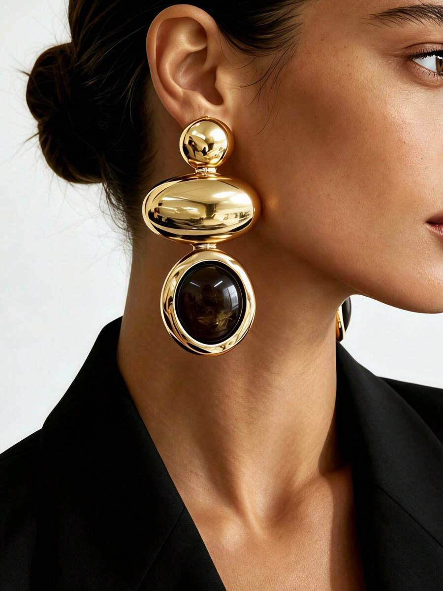 1 Pair Women's Vintage European & American Style Warm Gold 3-Layer Gradient Pebble Inlaid Glossy Smoky Black Curved Stone Long Dangle Earrings, Fluid Large Glossy Metal Frame Deep Brown Swirl Colorful Stone Heavy Ear Studs, Suitable For Party, Vacation, Banquet Wear - Golden Yellow + Amber - View 1