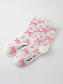 1 Pair Of Kawaii Cute Pink Bow Print Cute Calf Socks, Casual Socks, Cute Daily Socks, Daily Fashion Socks, Moisture Absorbing And Breathable, Suitable For Daily Wear, Family Sports, Office Wear, Cute Cartoon Design, - 1 Pair (one Size) - View 2