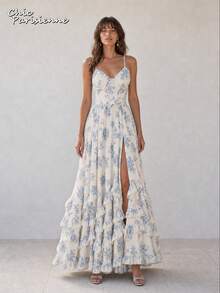 Blue White Floral Chiffon V Neck Backless Tiered A Line Maxi Dress - 藍白色 - 查看 7