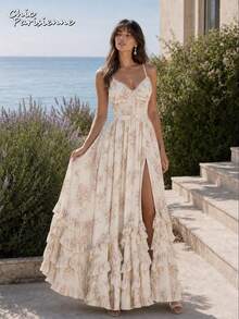 Ivory White Floral Chiffon V-Neck Open Back Tiered A-Line Maxi Dress - 米白 - 查看 8