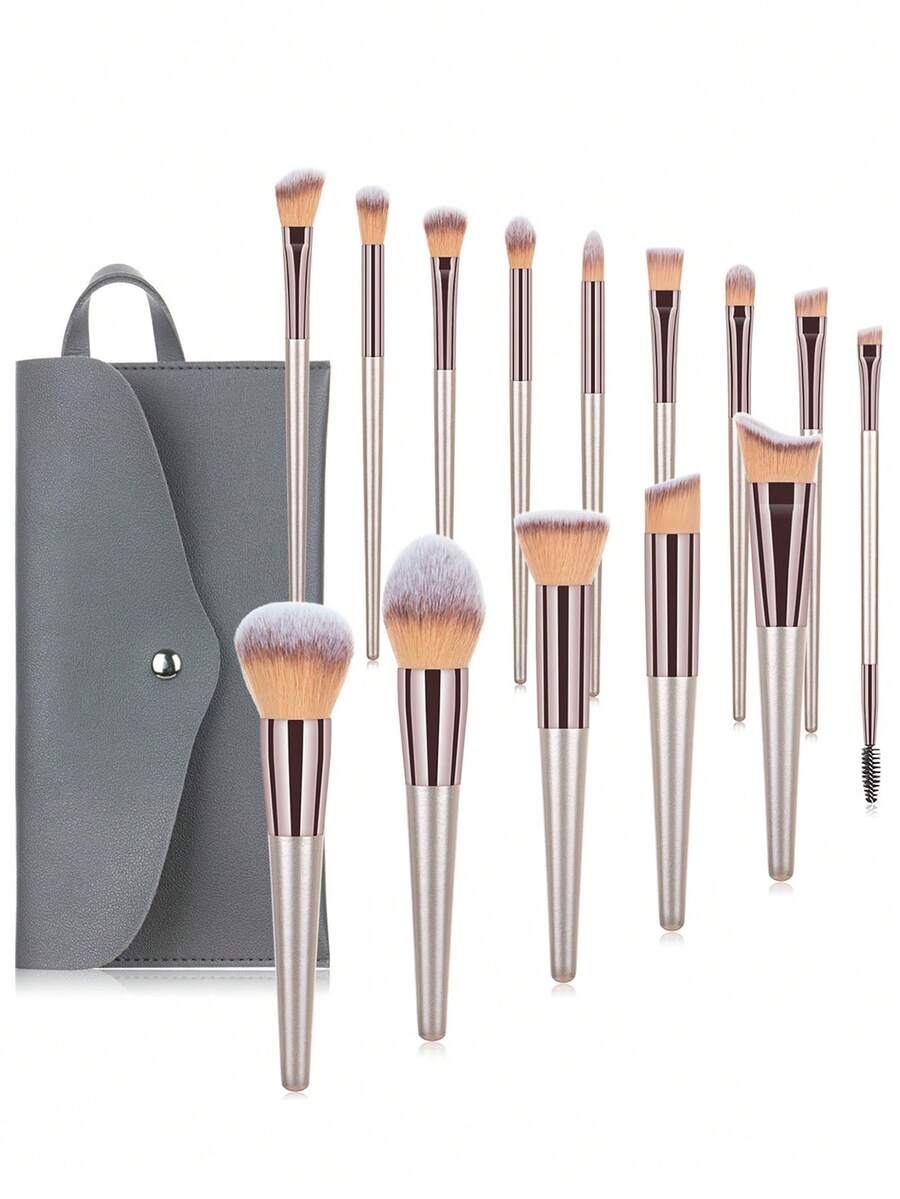 ronshadow 14pcs Multi-Function Makeup Brush Set With Storage Bag, Various Brush Types And Sizes, Fluffy Powder Brush, Angled Contour Brush, Multiple Eye Detail Eyeshadow And Concealer Brushes, Home Makeup Travel Portable Storage Set - Champagne - View 1