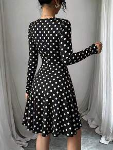Women's Vintage Polka Dot Deep V-Neck Short Dress, Ruched Long Sleeve A-Line Flared Hem Mini Skirt, Elegant Autumn Fashion - Black - View 3