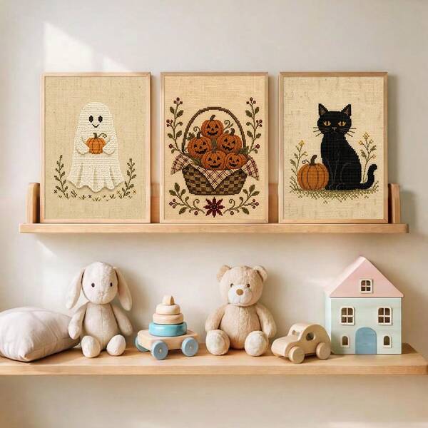 1/3pcs Gallery Set Framed/Unframed Vintage Spooky Halloween Autumn Cottagecore Cozy Wall Art Poster Cross Stitch Ghost Black Cat Pumpkin Canvas Print Minimalist Fall Farmhouse Decor Painting For Dorm,Living Room,Bedroom,Modern Home Decoration