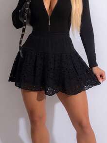 European And American Style Women's Fashion Evening Wear Sexy Hollow Embroidery Fashion Skirt - Black - View 3