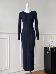 Women's Ribbed Knit Long Sleeve Slim Fit Pencil Dress, Autumn/Winter - Royal Blue - View 4