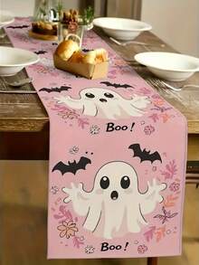 1pc/Halloween Decorative Table Runner, Pink Background With Black Bat And Cute Ghost Print, Polyester Material, Multiple Size Options, Dining Table Centerpiece, Halloween Party Supplies - Multiple Styles - View 3