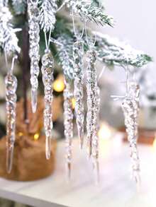 12pcs/Set Clear Crystal Pendant Christmas Tree Decorations, Acrylic Icicle Hanging Ornaments, Hexagonal Snowflake String Decor, Christmas And New Year Party Decorations, Suitable For Indoor And Outdoor Scenes, Party Decor - Multicolor - View 3