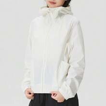 Adidas 女款涼感梭織寬鬆版型短版拉鍊連帽長袖防曬外套 - 漢玉白 - 查看 3