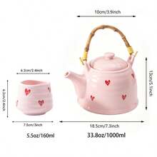 1 Set Cute Pink Heart Pattern Ceramic Tea Set, Vintage Wavy Porcelain Teaware, Includes Bamboo Woven Handle Teapot And 4 Striped Teacups, Portable Afternoon Tea Drinkware Set, Suitable For Home Kitchen, Wedding, Valentine's Day Gift - Multicolor - View 3