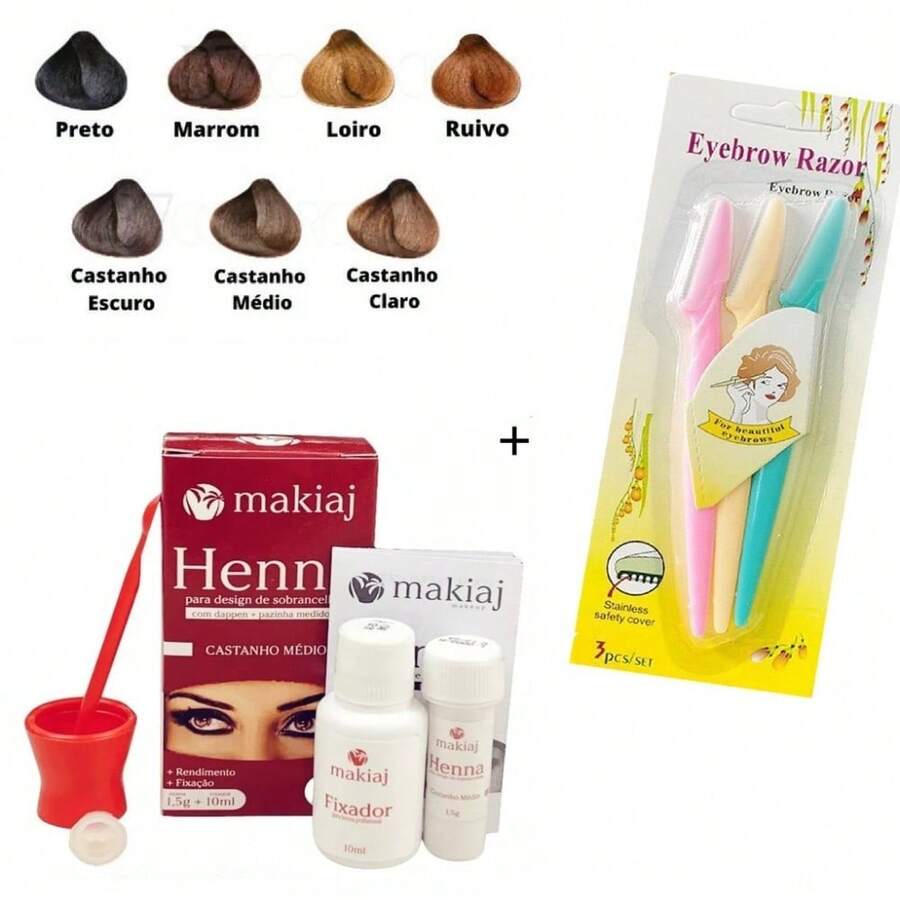 Kit Sobrancelha Henna Makiaj Completo Gel Fixador 7 Cores 1 Henna+3 Lâminas Navalha Sobrancelha - kit 1 preto+3 lâminas - Visão 1
