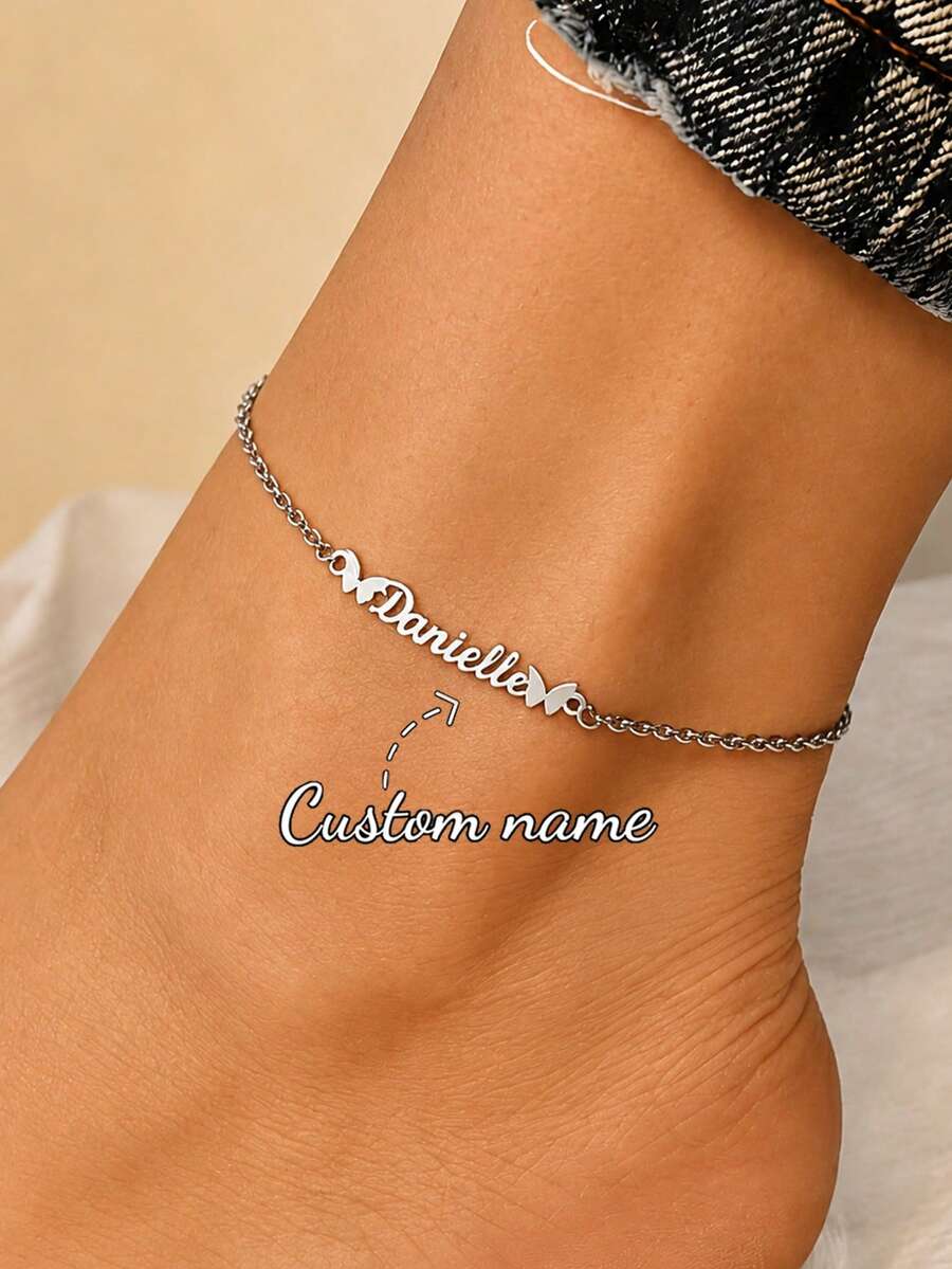 Customized Beach Name Anklet, Personalized Name Butterfly Punk Wedding Outdoor Beach Vacation Travel Waterproof Non-Fading Anklet Tag, Valentine's Day/Christmas Gift - Silver - View 1
