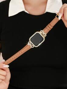 1pc Luxury Rose Gold Diamond Bow Watch Band + Double Row Rhinestone Hollow Watch Case Compatible With Apple Watch 38/40/41/42/44/45/46/49mm/Ultra/SE/11-1 Series, Suitable For Spring/Summer Wear, Back To School Gift, Fashion Women Accessory, Brown Band + Gold Case, Smart Watch Band Accessory Set - Brown - View 7