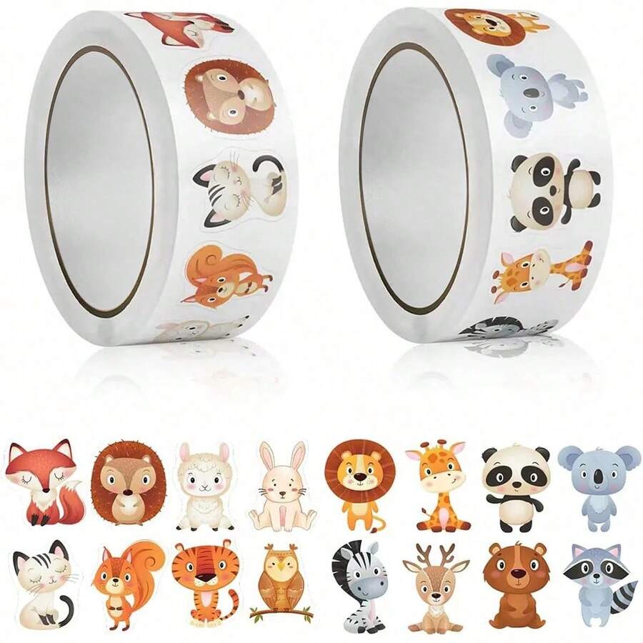 2 捲動物貼紙,適合兒童,1 英吋可愛獎勵貼紙,16 種圖案,教師教室用品,獎勵貼紙大包裝,1000 張激勵貼紙,派對小禮物,可愛動物貼紙,適合學校、居家、訓練、禮物包裝 - 2.1動物卷貼 - 查看 1