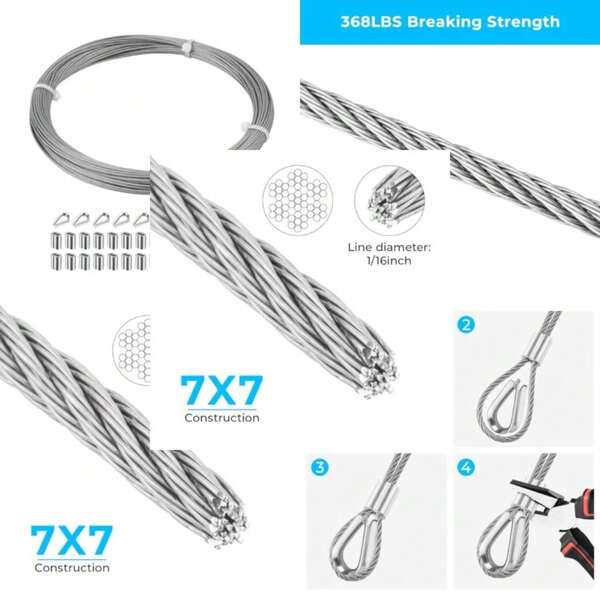 Cable de acero inoxidable de 1/16 de pulgada, 100 pies, cable de avión, cuerda de acero de grado marino, longitud 7x7 con núcleo de cable y mangas de aluminio y dedales