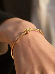 1pc Vintage 18K Gold Plated Knotted Decor Bracelet, Suitable For Women's Daily Wear - Gold - View 3