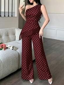 abyoxi 女款酒紅色波點單肩無袖上衣與寬腿長褲兩件套，性感優雅，適合辦公通勤、日常外出、正式晚餐、約會、派對、婚禮、情人節等場合，修身短上衣與長褲夏秋套裝 - 酒紅色 - 查看 6