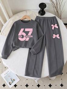 Toddler Fashion Digital Print Crew Neck Long Sleeve Top And Wide Leg Pants With Bow Decor, Autumn/Winter - Grey - View 1