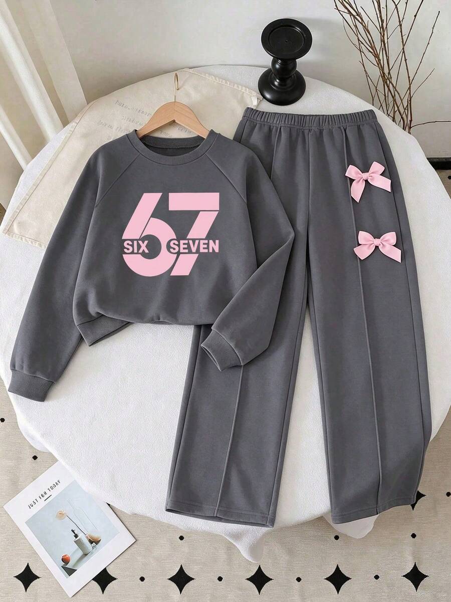 Toddler Fashion Digital Print Crew Neck Long Sleeve Top And Wide Leg Pants With Bow Decor, Autumn/Winter - Grey - View 1