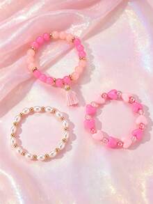 3pcs/Set Girls Colorful Beaded Bracelets, Cartoon Pendant Bow Tassel Bracelet Set, Suitable For Daily Decoration And Gift Giving - Multicolor - View 13