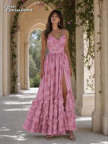 Pink Purple Floral Chiffon V-Neck Backless Tiered A-Line Maxi Dress - 粉紅紫 - 查看 9