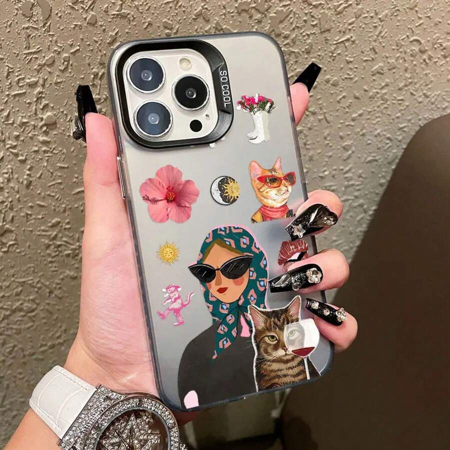 Cartoon Cute Cat Headscarf Women Phone Case For IPhone 17 13 12 Mini 11 Pro Max 16 15 14 Plus Pro Max Shockproof Laser Case - CH-Black NRYM 1 - 查看 1