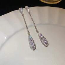1 Pair Premium Long Water Drop Earrings With Full Rhinestone Chain Tassel, Face-Slimming Luxury Versatile Earrings For Evening Gowns - Silver - View 7