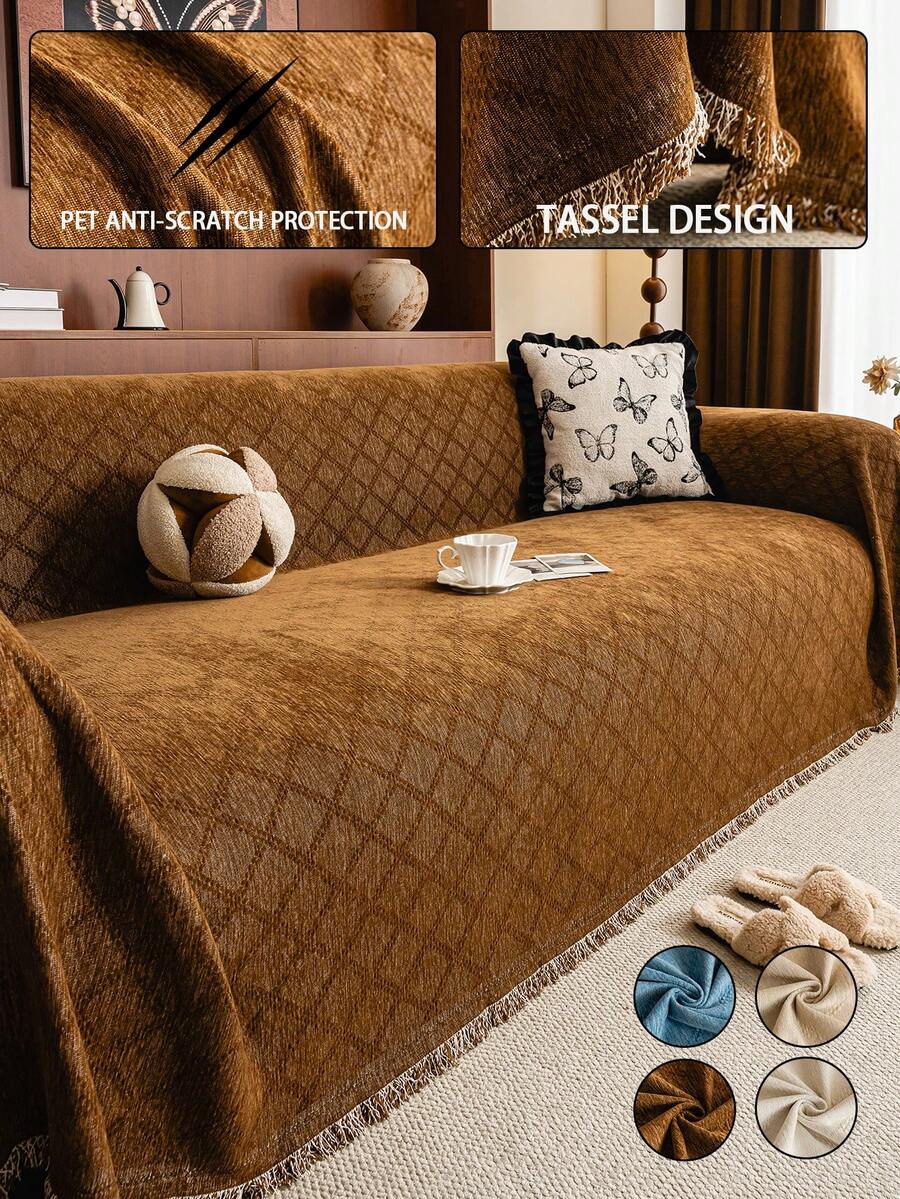 1pc Ultra Soft Chenille Solid Color Diamond Lattice Sofa Blanket - Suitable For All Seasons, Easy To Clean And Non-Shrink, Perfect Gift For Friends And Family, Full Coverage Sofa Cover With Tassel Details - Machine Washable, Cat Scratch Resistant, Fits 1-4 Seater Sofas, Sofa Throw - Coffee Brown - View 1