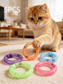 5pcs Colorful Mesh Cat Toy Rings With Built-In Bells, Interactive Self-Entertainment Rings, Suitable For Kittens, Durable Bite And Scratch Resistant, Pet Teething Toys, Lightweight Rolling Chasing Toys, Indoor Cat Use, Boredom Relief Toy Set, Cat Supplies, Cat Toys - Multicolor - View 3