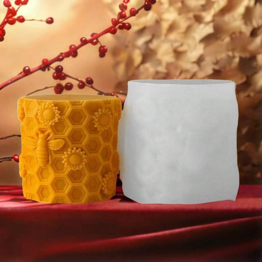 1pc Silicone Bee & Flower Embossed Honeycomb Cylinder Mold, DIY Aromatherapy Candle Plaster Decor Craft Gift Making Mold, Insect Theme Round Mold - A-White - View 1